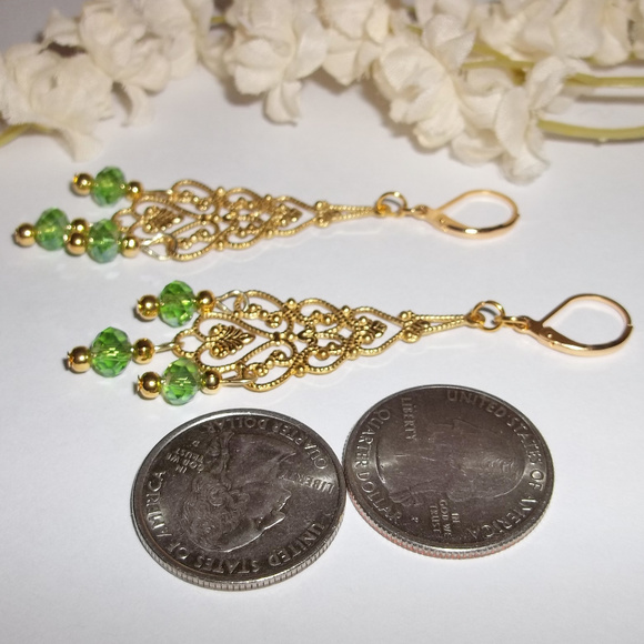 Chandelier Earring Set Statement Green & Gold 4888 - Picture 6 of 8